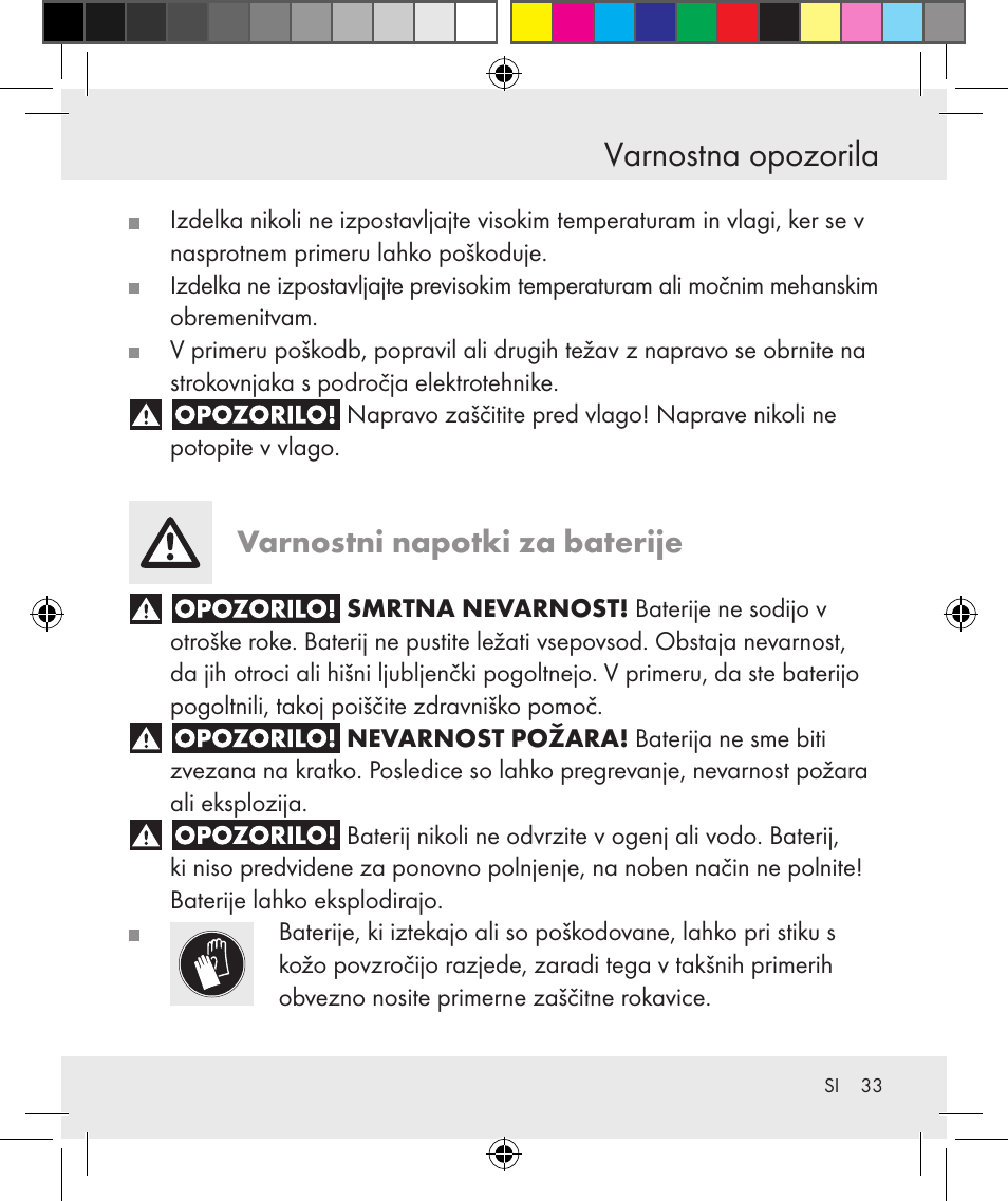 Varnostna opozorila, Varnostni napotki za baterije | Silvercrest Z31131 User Manual | Page 33 / 64