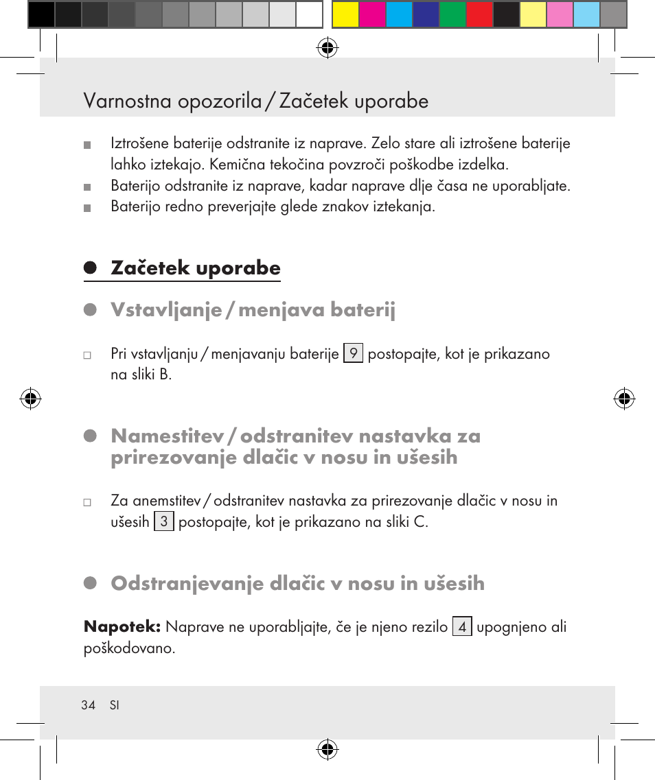 Varnostna opozorila / začetek uporabe, Začetek uporabe vstavljanje / menjava baterij, Odstranjevanje dlačic v nosu in ušesih | Silvercrest Z31131 User Manual | Page 34 / 64