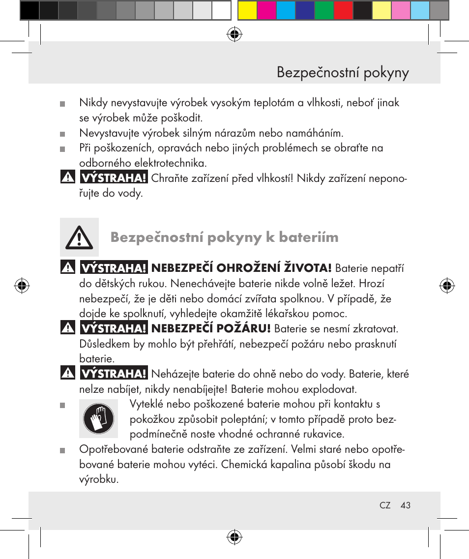 Bezpečnostní pokyny, Bezpečnostní pokyny k bateriím | Silvercrest Z31131 User Manual | Page 43 / 64