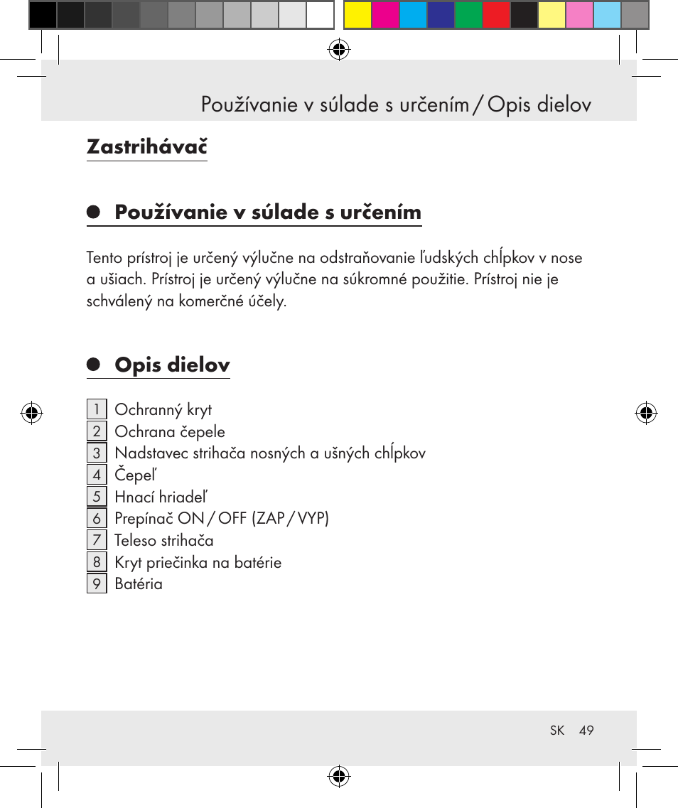Používanie v súlade s určením / opis dielov, Zastrihávač používanie v súlade s určením, Opis dielov | Silvercrest Z31131 User Manual | Page 49 / 64