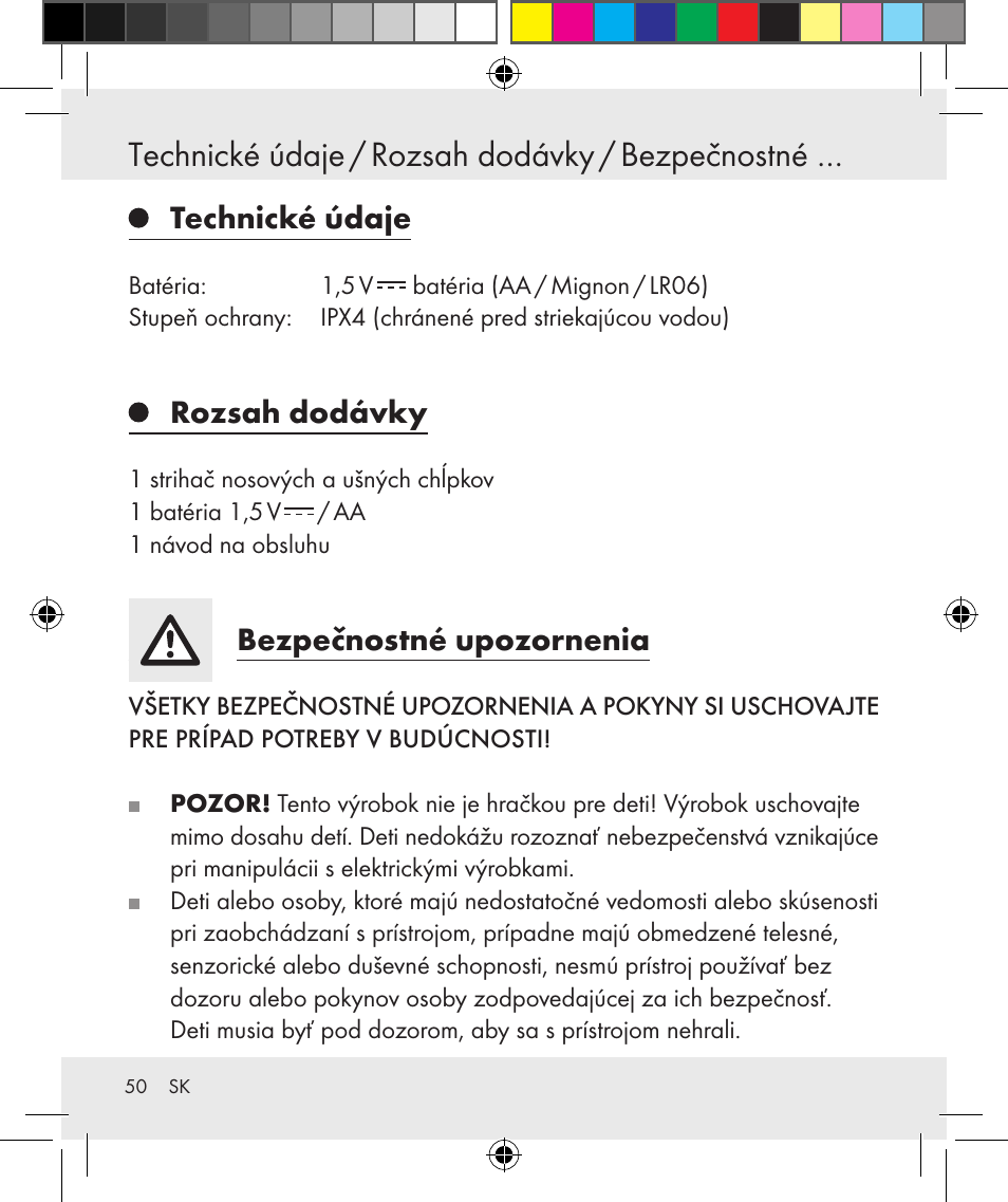 Technické údaje / rozsah dodávky / bezpečnostné, Technické údaje, Rozsah dodávky | Bezpečnostné upozornenia | Silvercrest Z31131 User Manual | Page 50 / 64