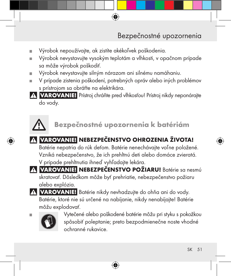 Bezpečnostné upozornenia, Bezpečnostné upozornenia k batériám | Silvercrest Z31131 User Manual | Page 51 / 64