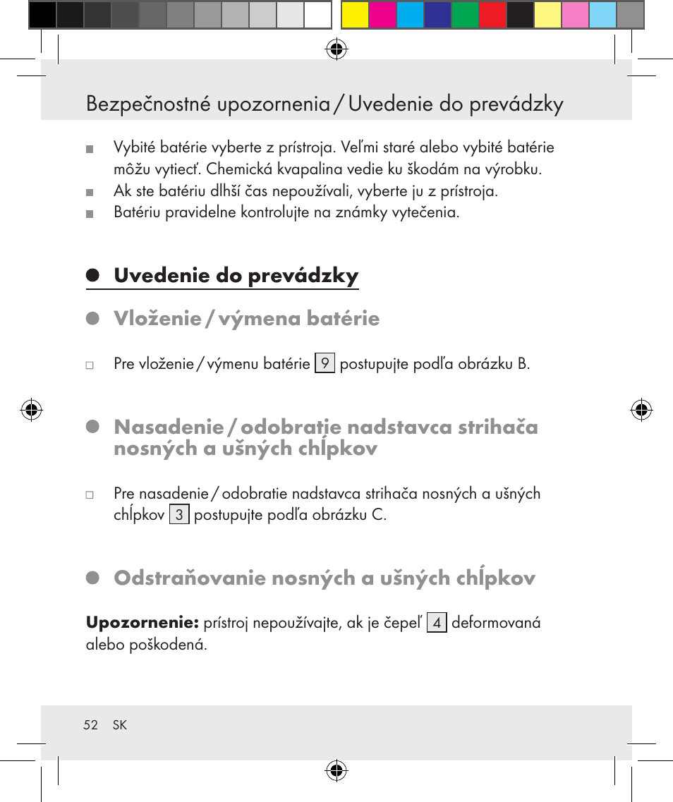 Bezpečnostné upozornenia / uvedenie do prevádzky, Uvedenie do prevádzky vloženie / výmena batérie, Odstraňovanie nosných a ušných chĺpkov | Silvercrest Z31131 User Manual | Page 52 / 64