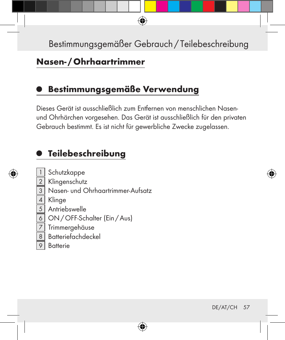 Bestimmungsgemäßer gebrauch / teilebeschreibung, Teilebeschreibung | Silvercrest Z31131 User Manual | Page 57 / 64