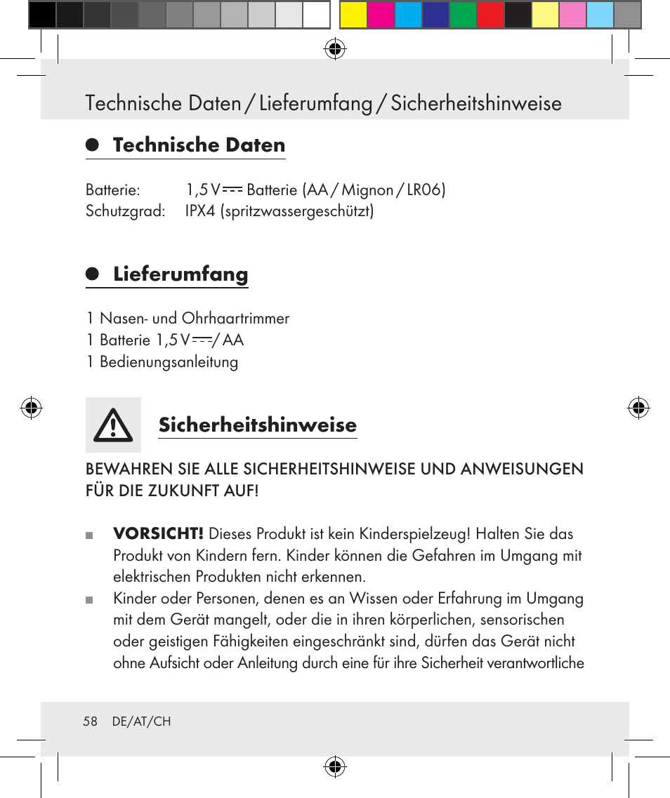 Technische daten, Lieferumfang, Sicherheitshinweise | Silvercrest Z31131 User Manual | Page 58 / 64