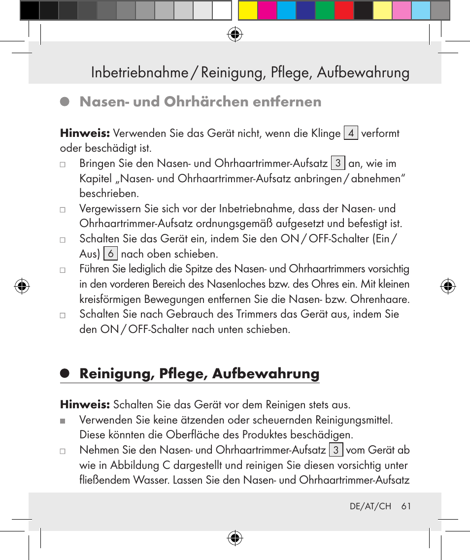 Inbetriebnahme / reinigung, pflege, aufbewahrung, Nasen- und ohrhärchen entfernen, Reinigung, pflege, aufbewahrung | Silvercrest Z31131 User Manual | Page 61 / 64