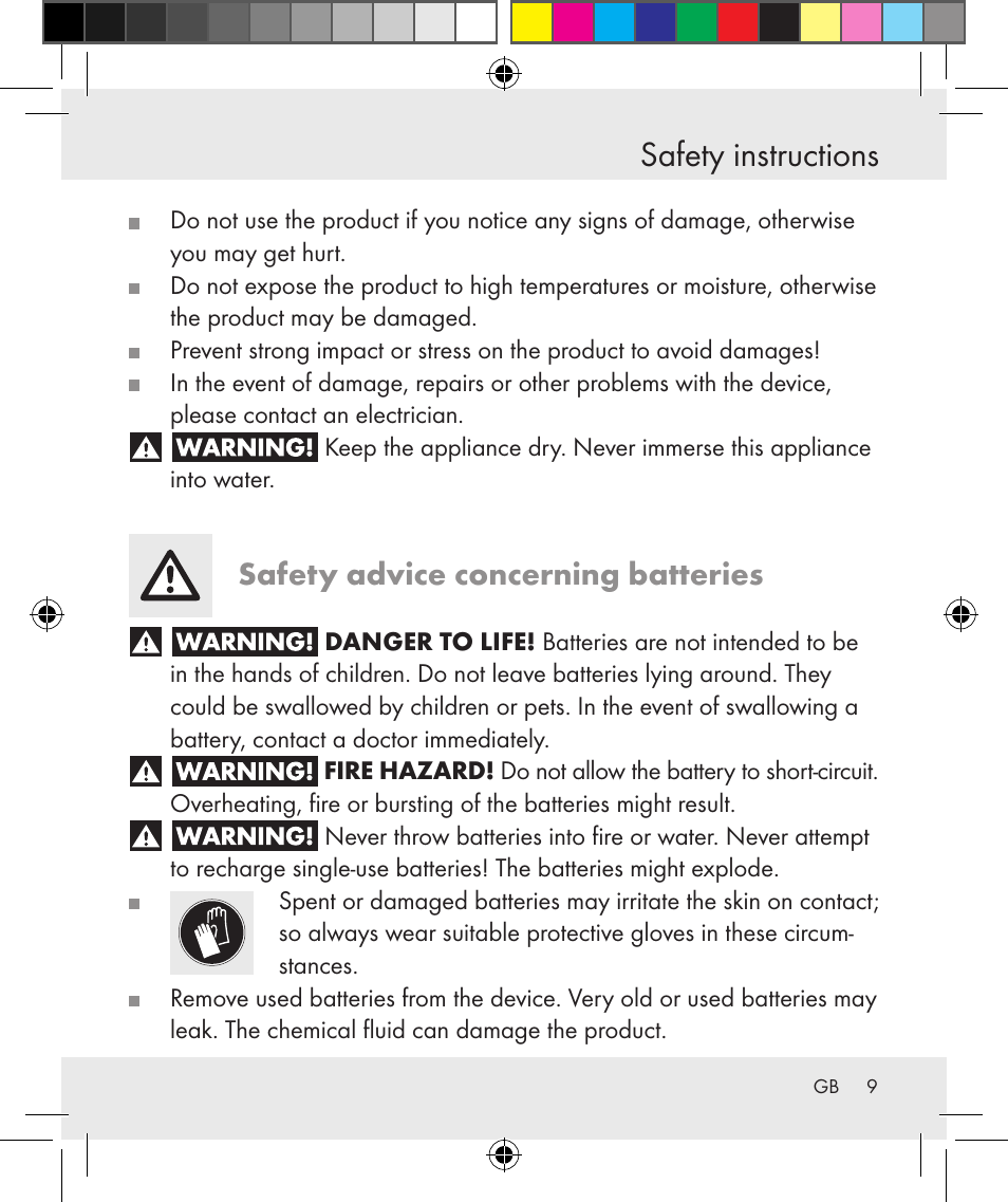 Safety instructions, Safety advice concerning batteries | Silvercrest Z31131 User Manual | Page 9 / 64