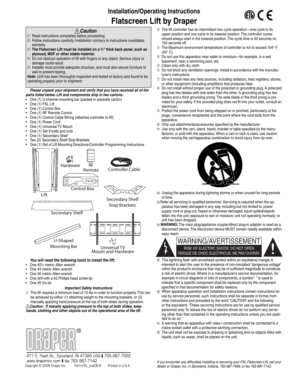 Draper FlatScreen Lift FSL-F-42 User Manual | 7 pages