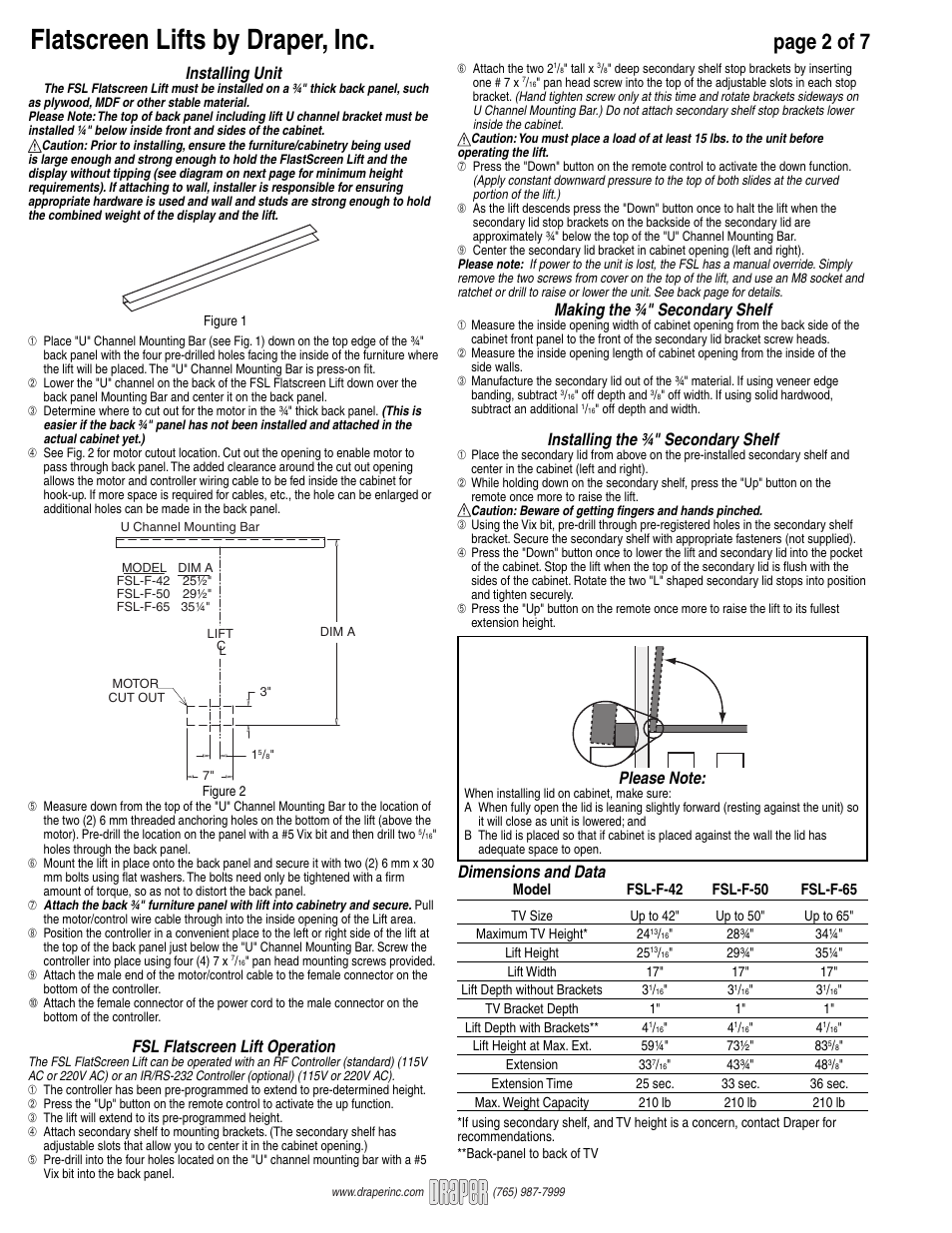 Flatscreen lifts by draper, inc, Page 2 of 7, Making the ¾" secondary shelf | Installing the ¾" secondary shelf, Dimensions and data, Installing unit, Fsl flatscreen lift operation | Draper FlatScreen Lift FSL-F-42 User Manual | Page 2 / 7