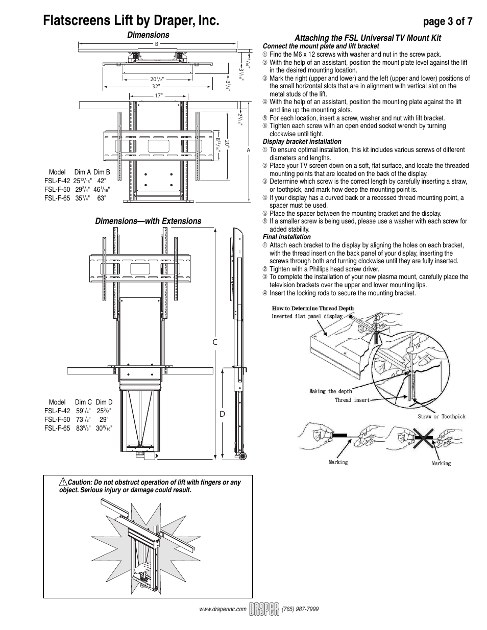 Flatscreens lift by draper, inc, Page 3 of 7, Dimensions dimensions—with extensions | Attaching the fsl universal tv mount kit | Draper FlatScreen Lift FSL-F-42 User Manual | Page 3 / 7