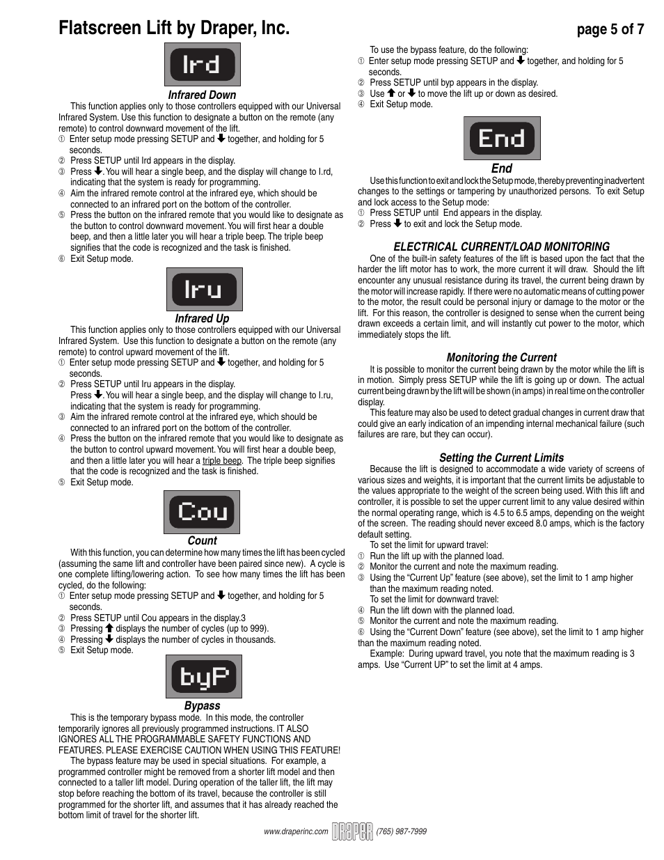 Iru cou byp end ird, Flatscreen lift by draper, inc, Page 5 of 7 | Draper FlatScreen Lift FSL-F-42 User Manual | Page 5 / 7