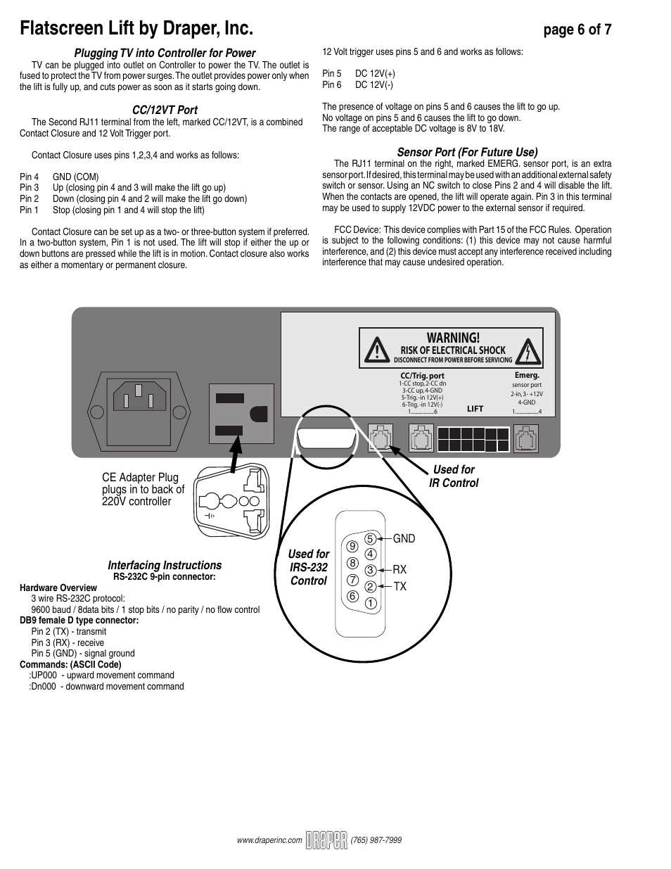 Flatscreen lift by draper, inc, Page 6 of 7, Warning | Draper FlatScreen Lift FSL-F-42 User Manual | Page 6 / 7