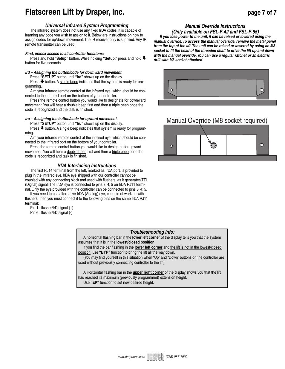 Flatscreen lift by draper, inc, Manual override (m8 socket required), Page 7 of 7 | Draper FlatScreen Lift FSL-F-42 User Manual | Page 7 / 7