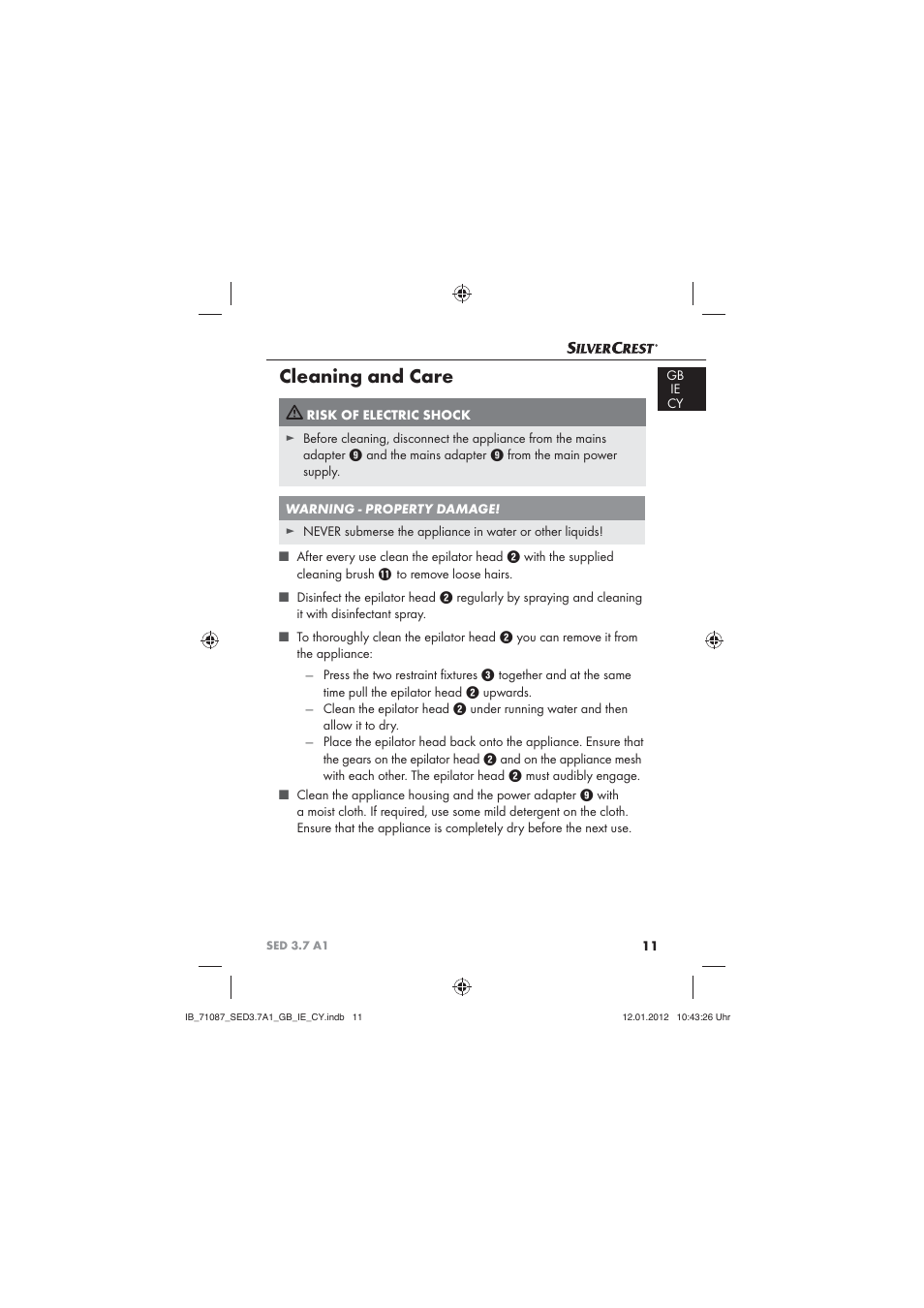 Cleaning and care | Silvercrest SED 3.7 A1 User Manual | Page 13 / 33