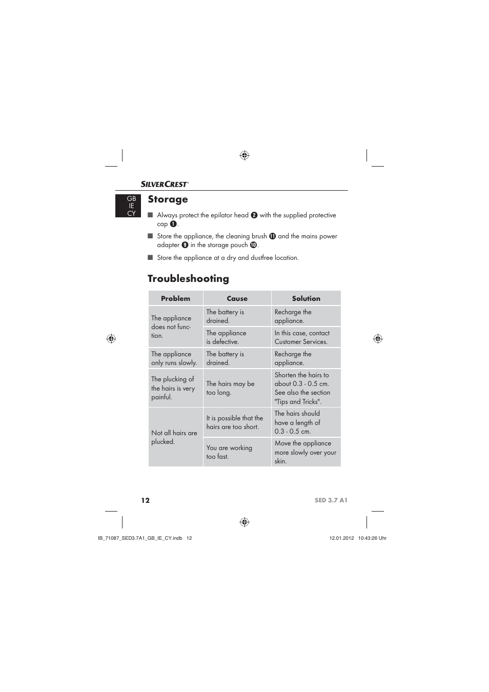 Storage, Troubleshooting | Silvercrest SED 3.7 A1 User Manual | Page 14 / 33