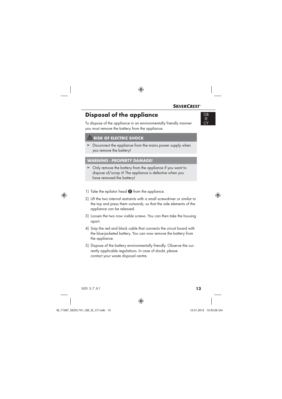 Disposal of the appliance | Silvercrest SED 3.7 A1 User Manual | Page 15 / 33