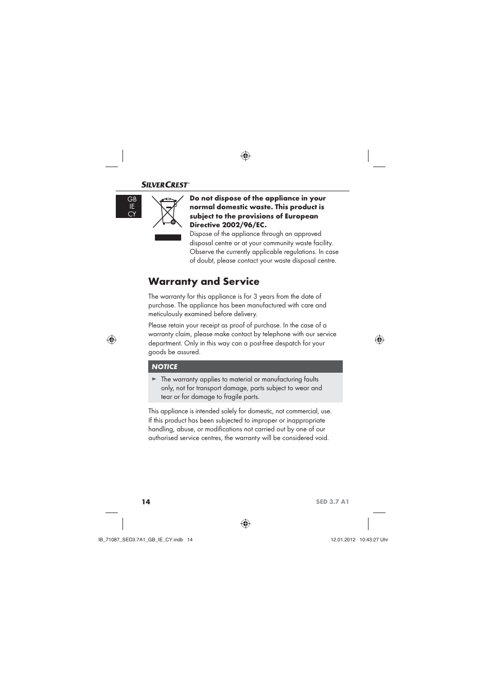 Warranty and service | Silvercrest SED 3.7 A1 User Manual | Page 16 / 33