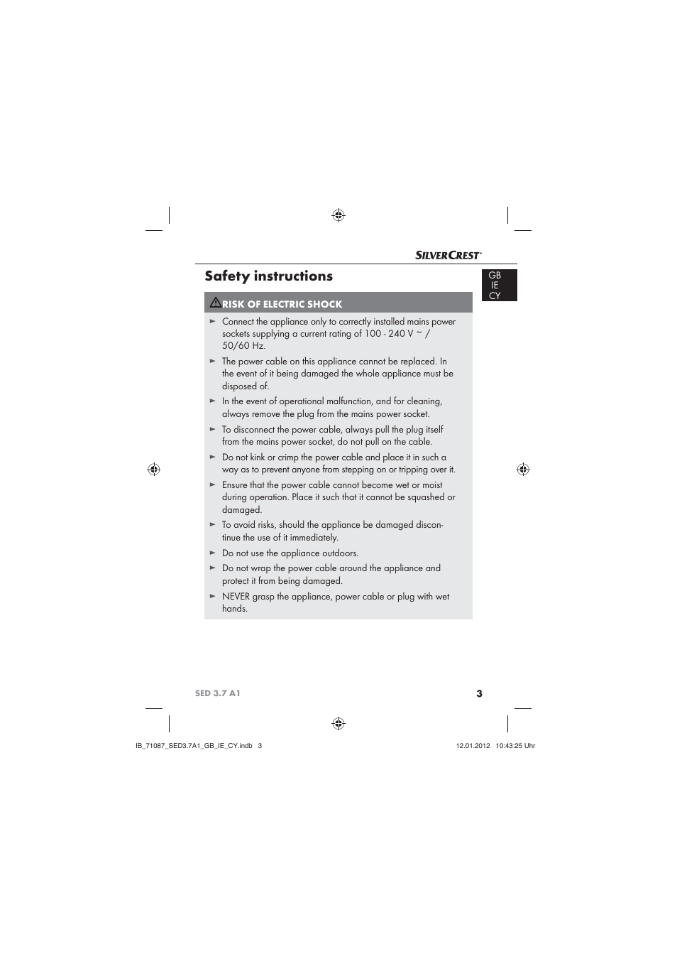 Safety instructions | Silvercrest SED 3.7 A1 User Manual | Page 5 / 33