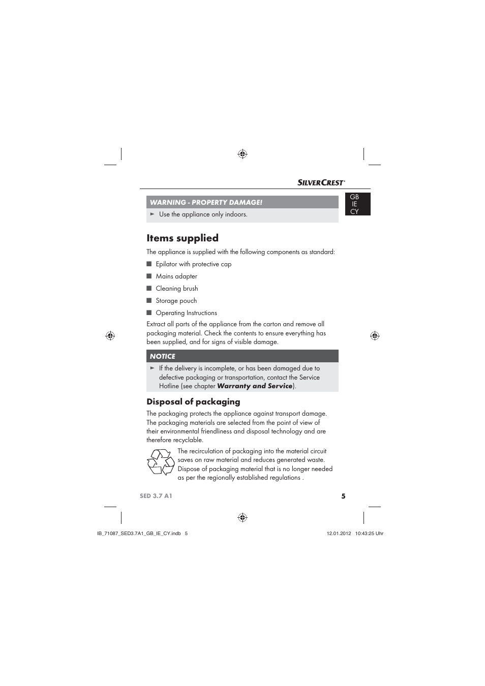 Items supplied, Disposal of packaging | Silvercrest SED 3.7 A1 User Manual | Page 7 / 33