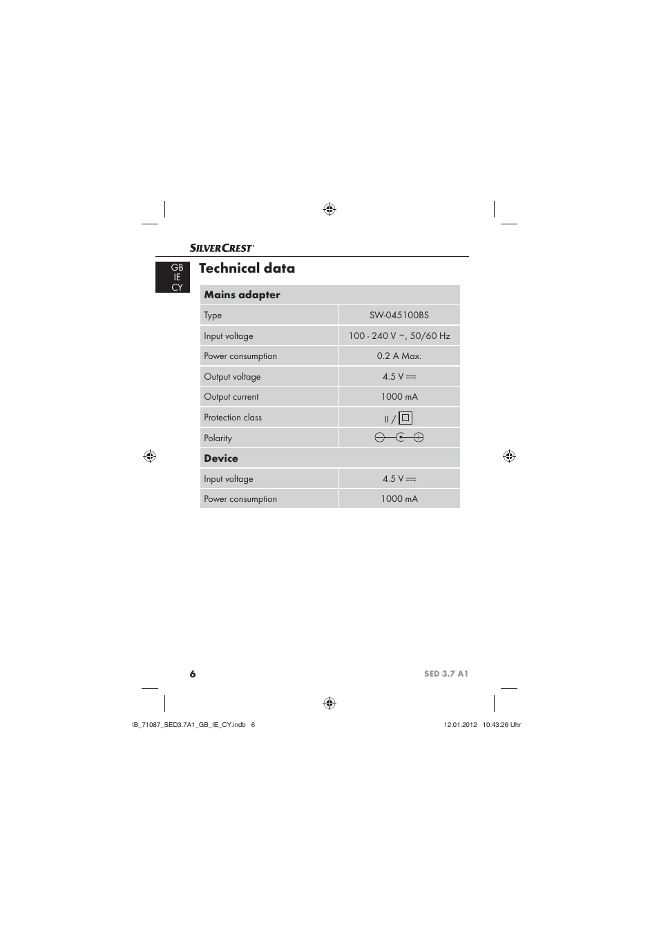 Technical data, Mains adapter, Device | Silvercrest SED 3.7 A1 User Manual | Page 8 / 33