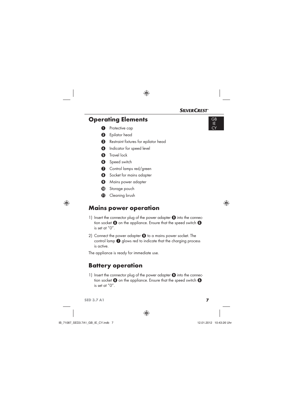 Operating elements, Mains power operation, Battery operation | Silvercrest SED 3.7 A1 User Manual | Page 9 / 33