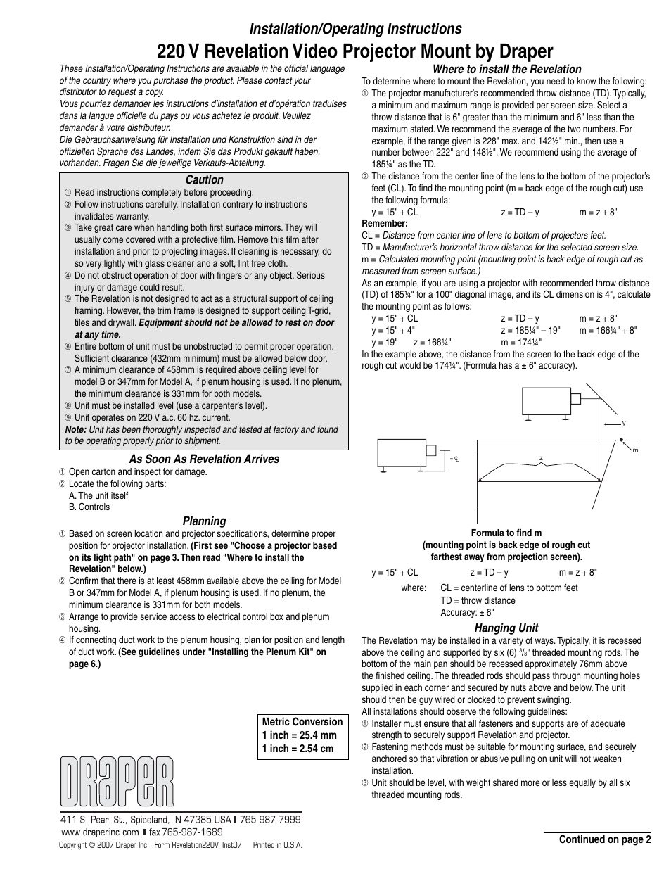 Draper Video Projector User Manual | 8 pages