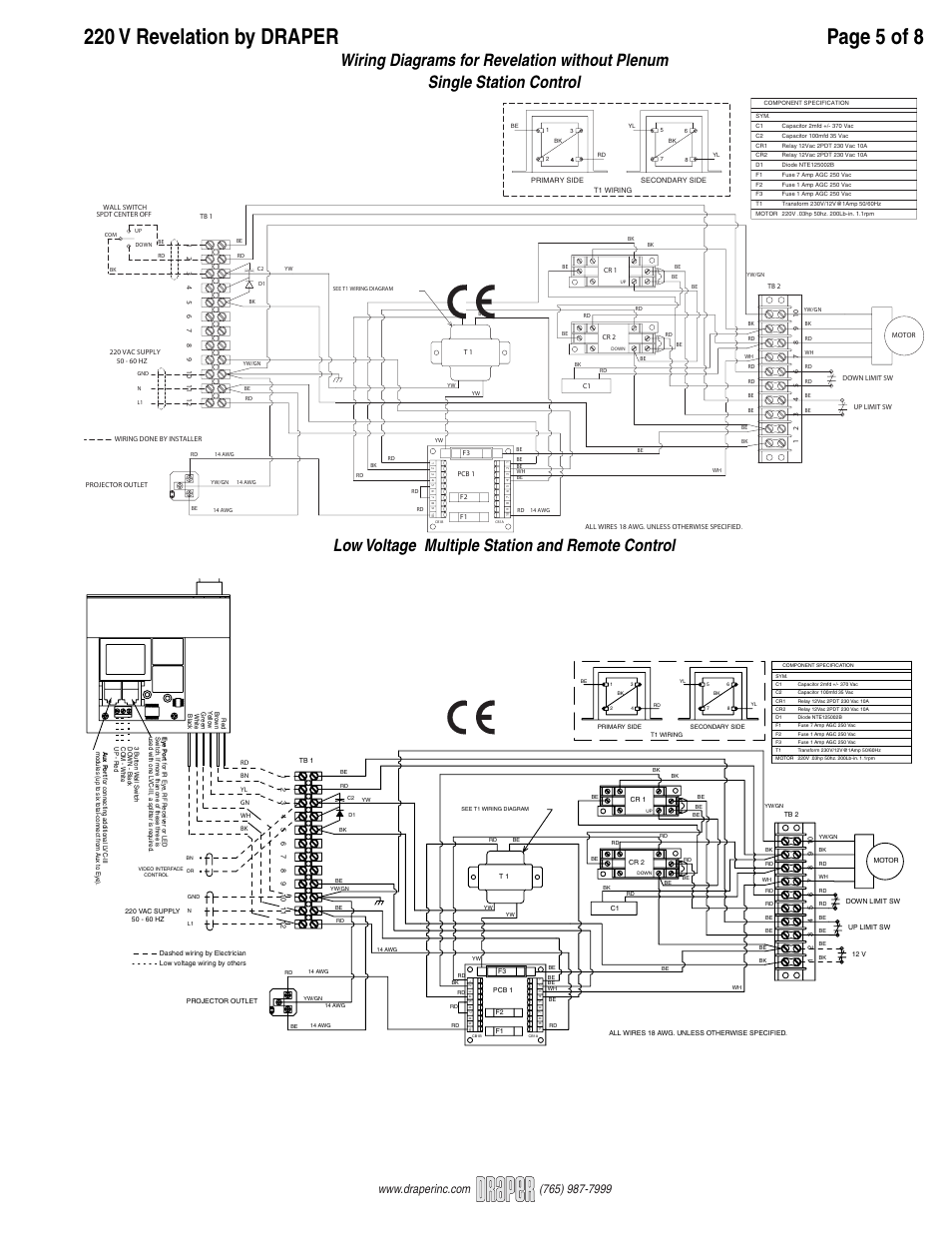 Wiring diagrams for revelation without plenum | Draper Video Projector User Manual | Page 5 / 8