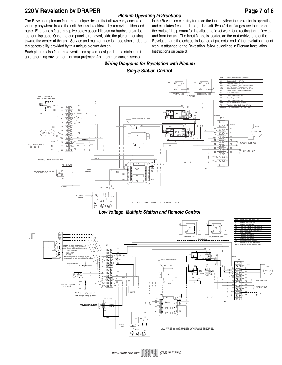 Wiring diagrams for revelation with plenum, Plenum operating instructions | Draper Video Projector User Manual | Page 7 / 8
