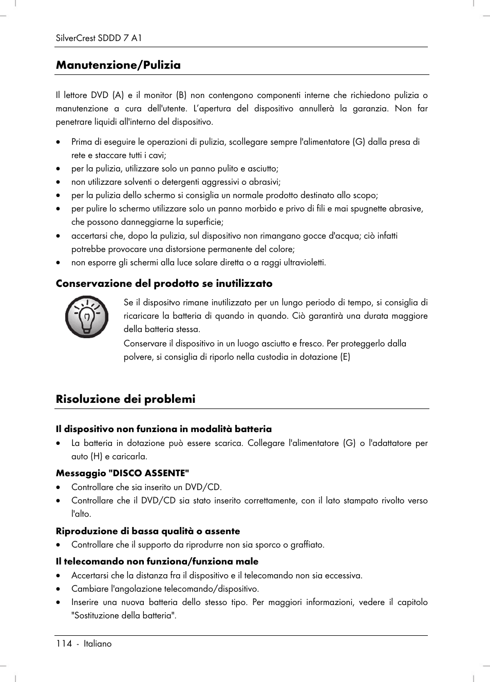 Manutenzione/pulizia, Risoluzione dei problemi | Silvercrest SDDD 7 A1 User Manual | Page 116 / 160