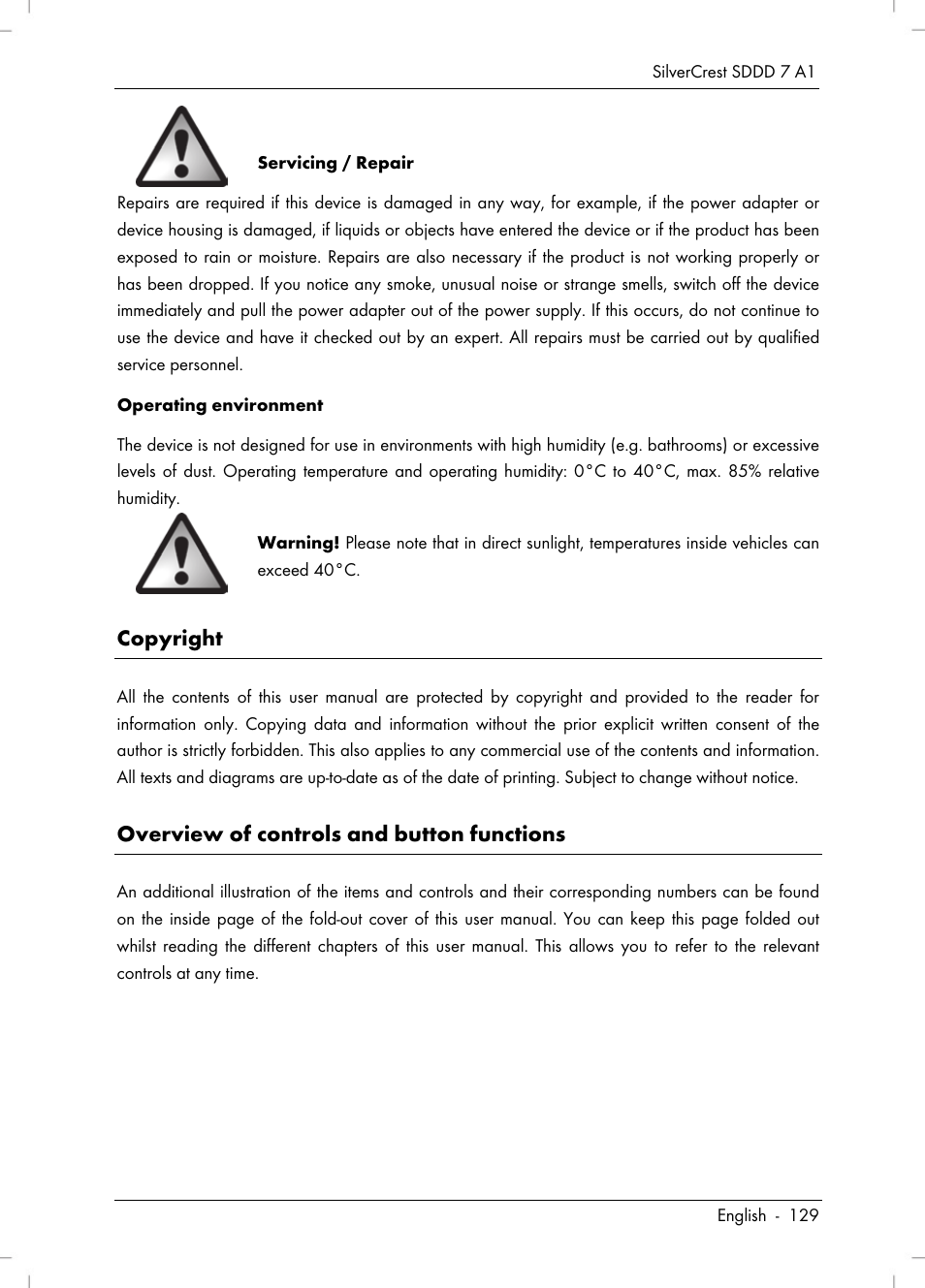 Copyright, Overview of controls and button functions | Silvercrest SDDD 7 A1 User Manual | Page 131 / 160