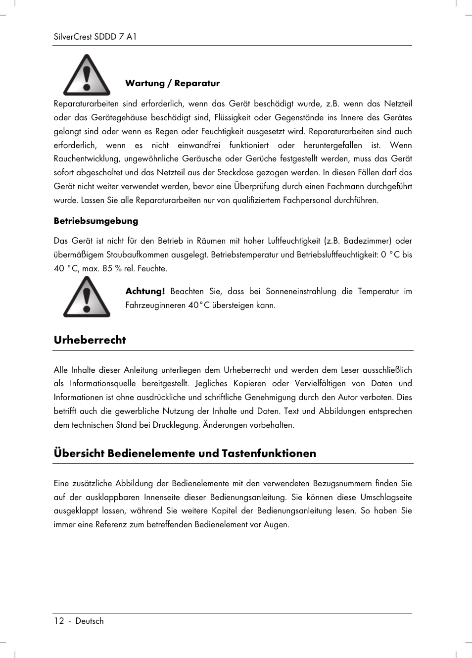 Urheberrecht, Übersicht bedienelemente und tastenfunktionen | Silvercrest SDDD 7 A1 User Manual | Page 14 / 160