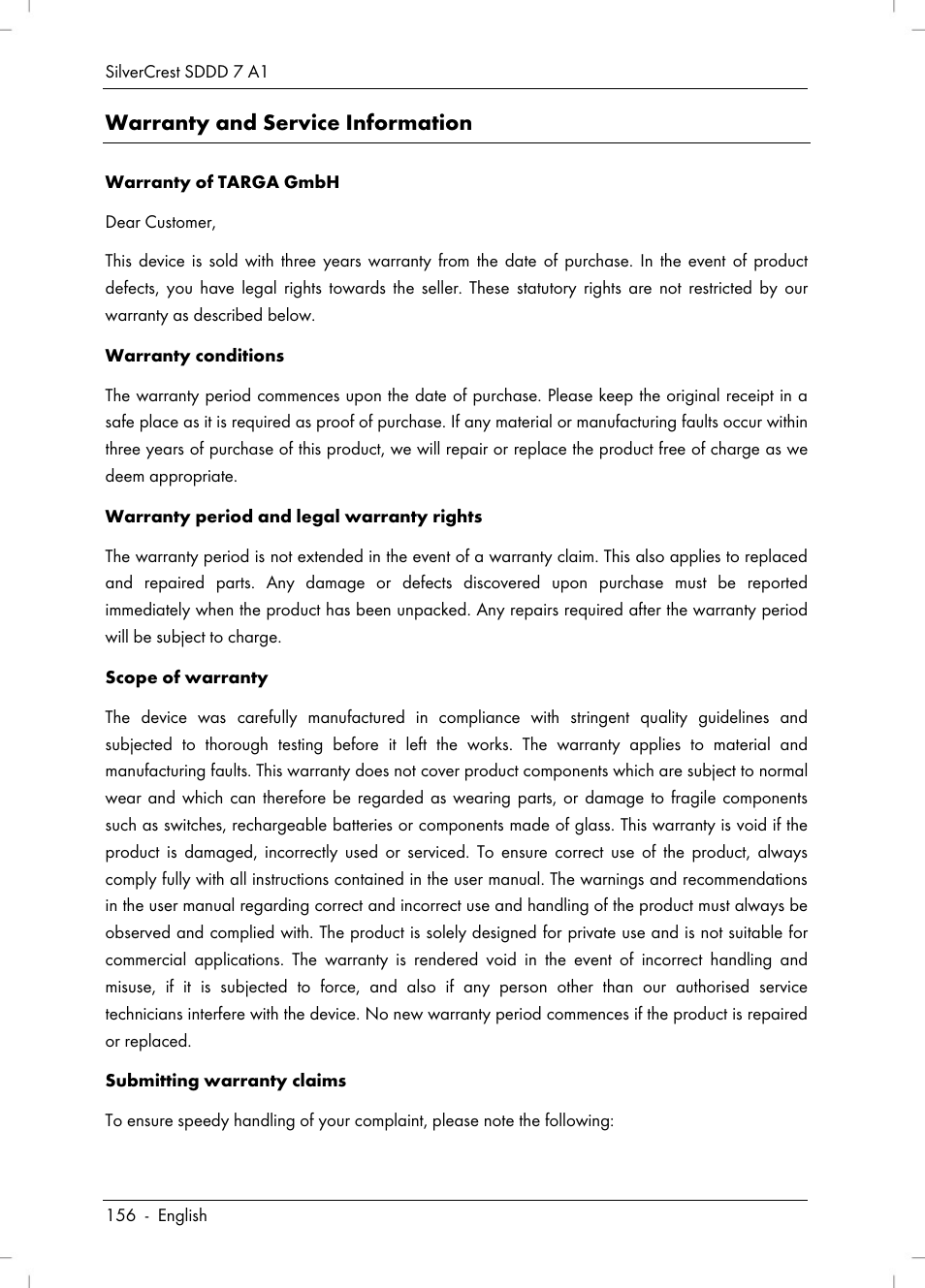 Warranty and service information | Silvercrest SDDD 7 A1 User Manual | Page 158 / 160