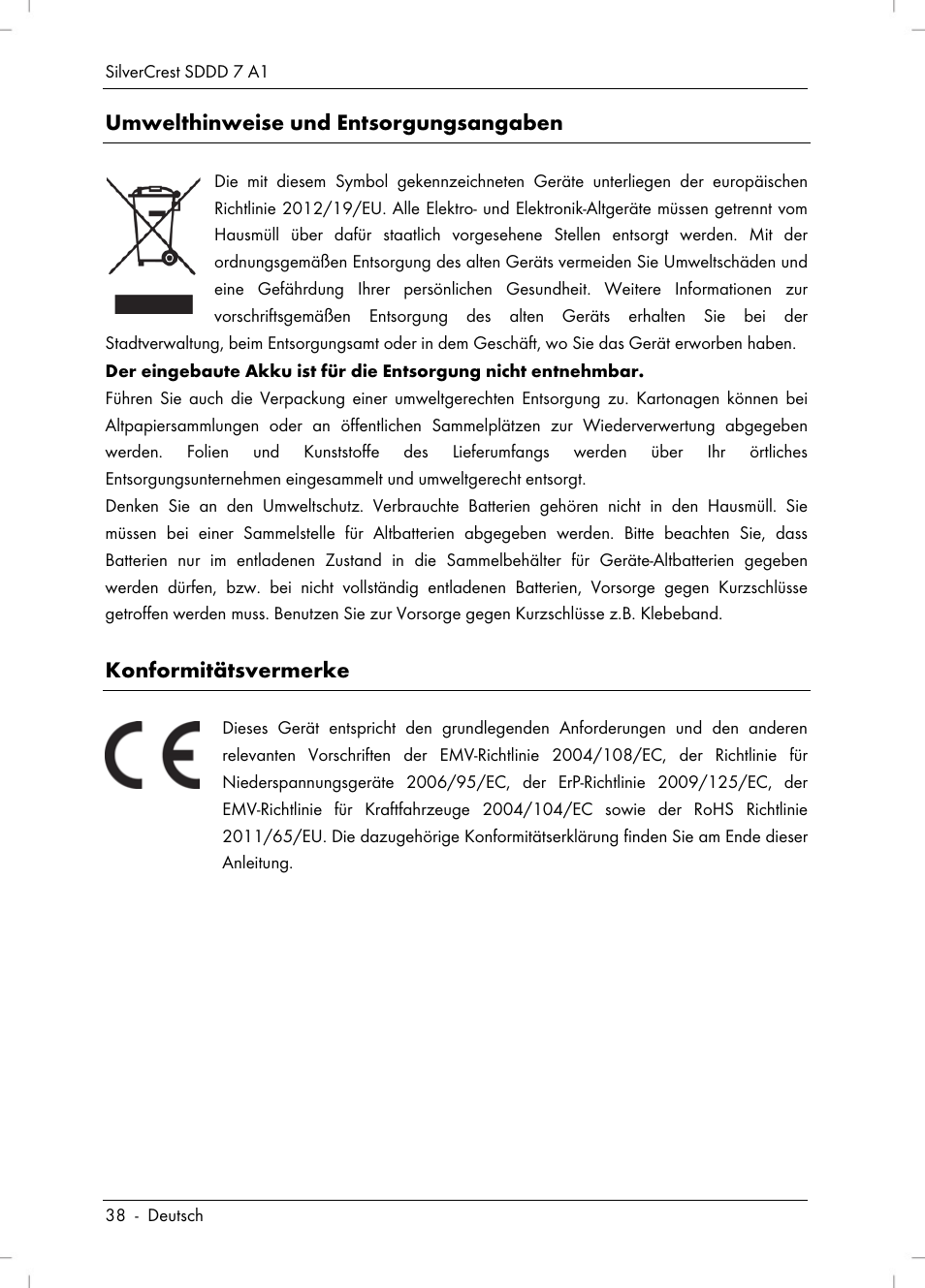 Umwelthinweise und entsorgungsangaben, Konformitätsvermerke | Silvercrest SDDD 7 A1 User Manual | Page 40 / 160