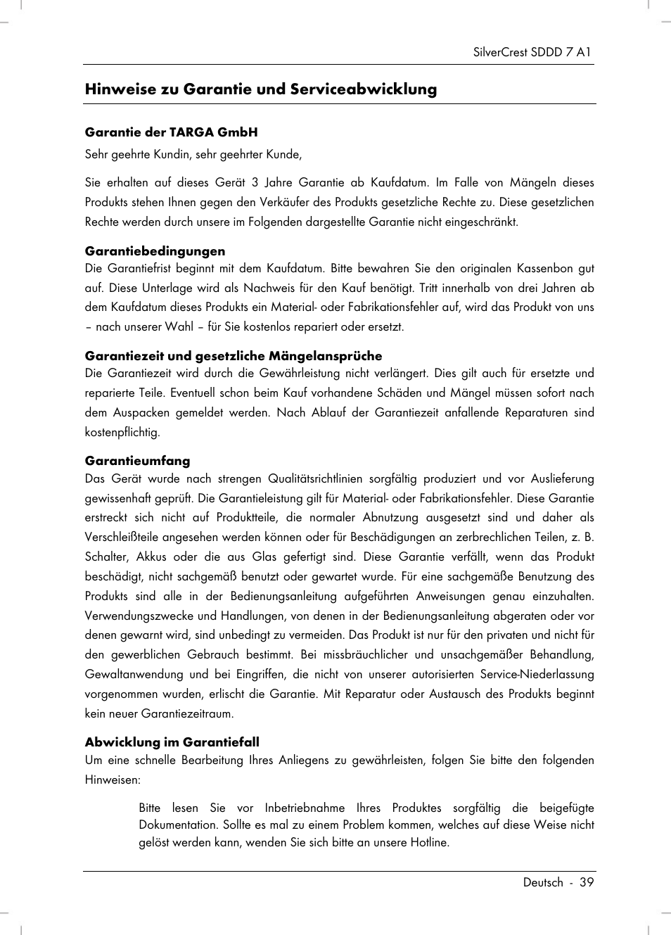 Hinweise zu garantie und serviceabwicklung | Silvercrest SDDD 7 A1 User Manual | Page 41 / 160