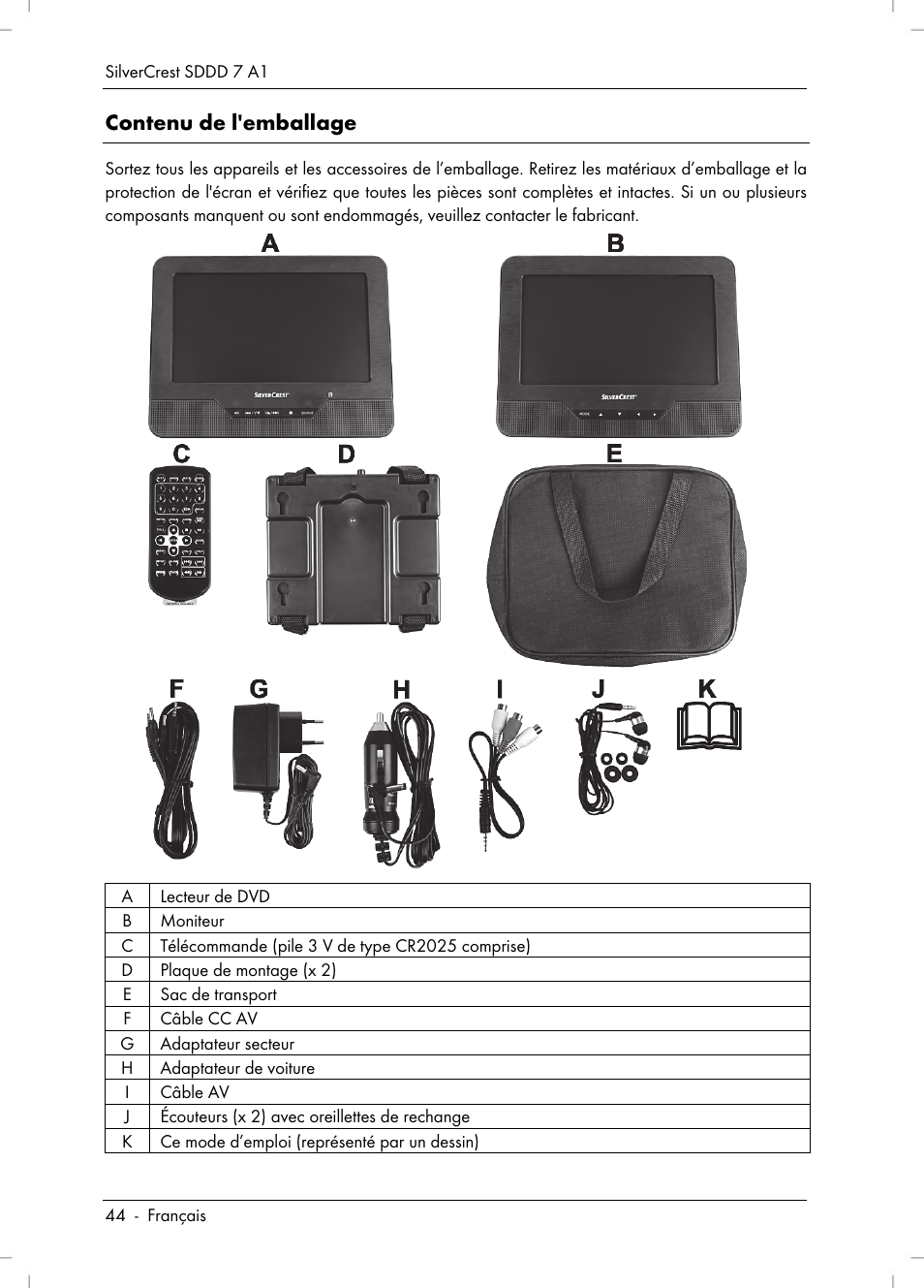 Contenu de l'emballage | Silvercrest SDDD 7 A1 User Manual | Page 46 / 160
