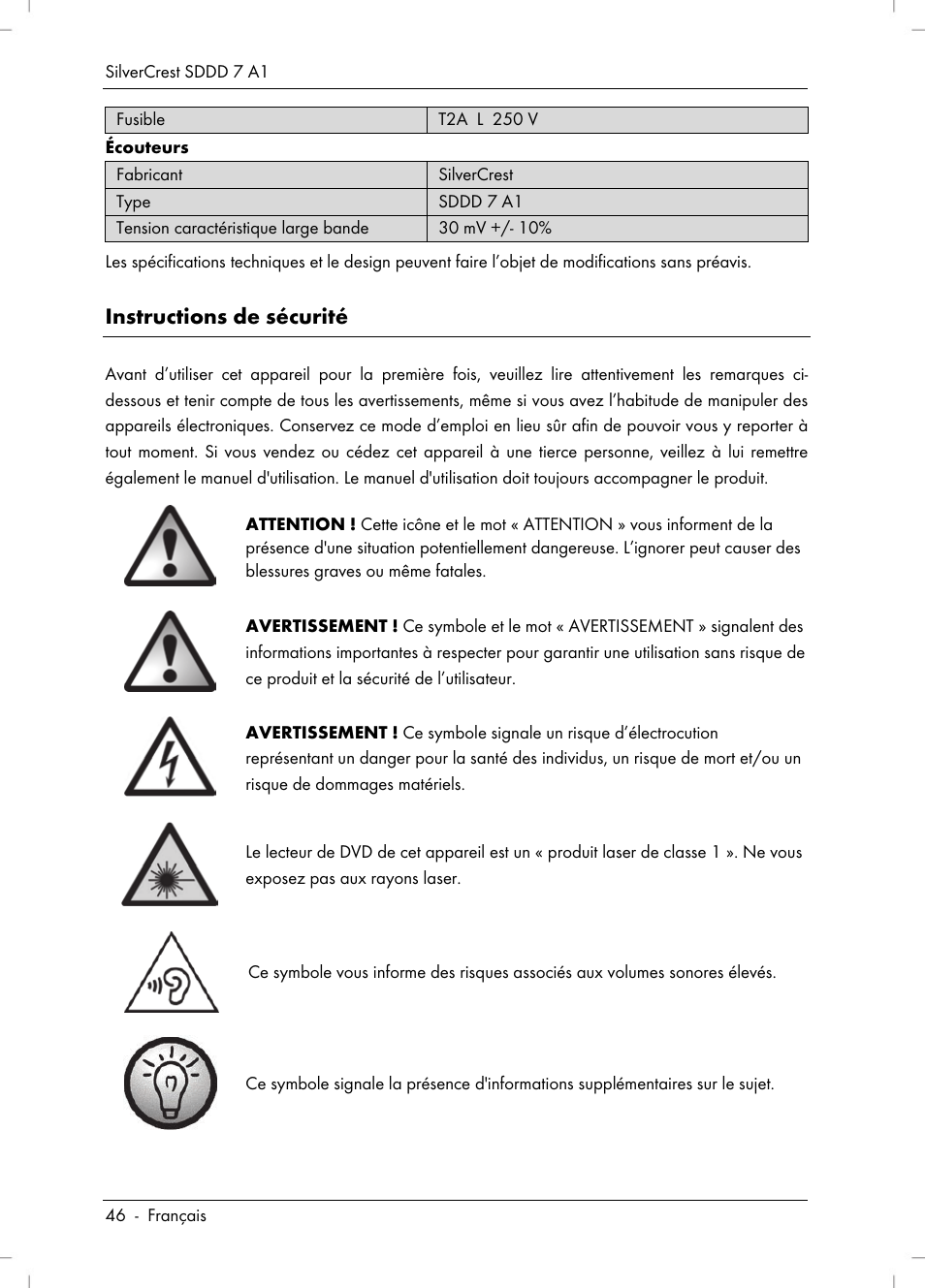 Instructions de sécurité | Silvercrest SDDD 7 A1 User Manual | Page 48 / 160