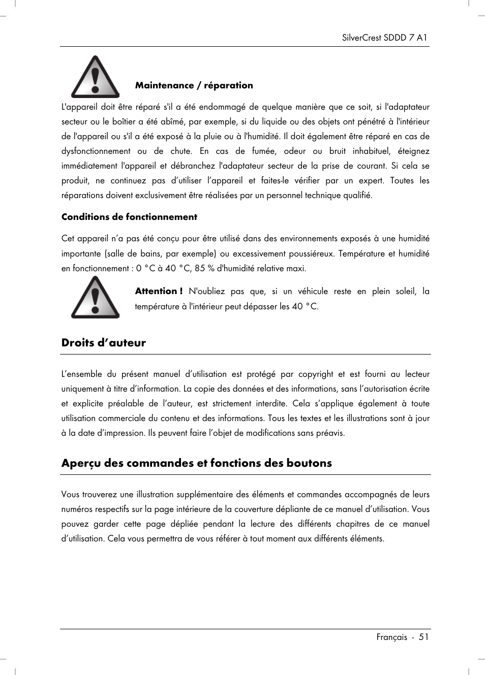 Droits d’auteur, Aperçu des commandes et fonctions des boutons | Silvercrest SDDD 7 A1 User Manual | Page 53 / 160