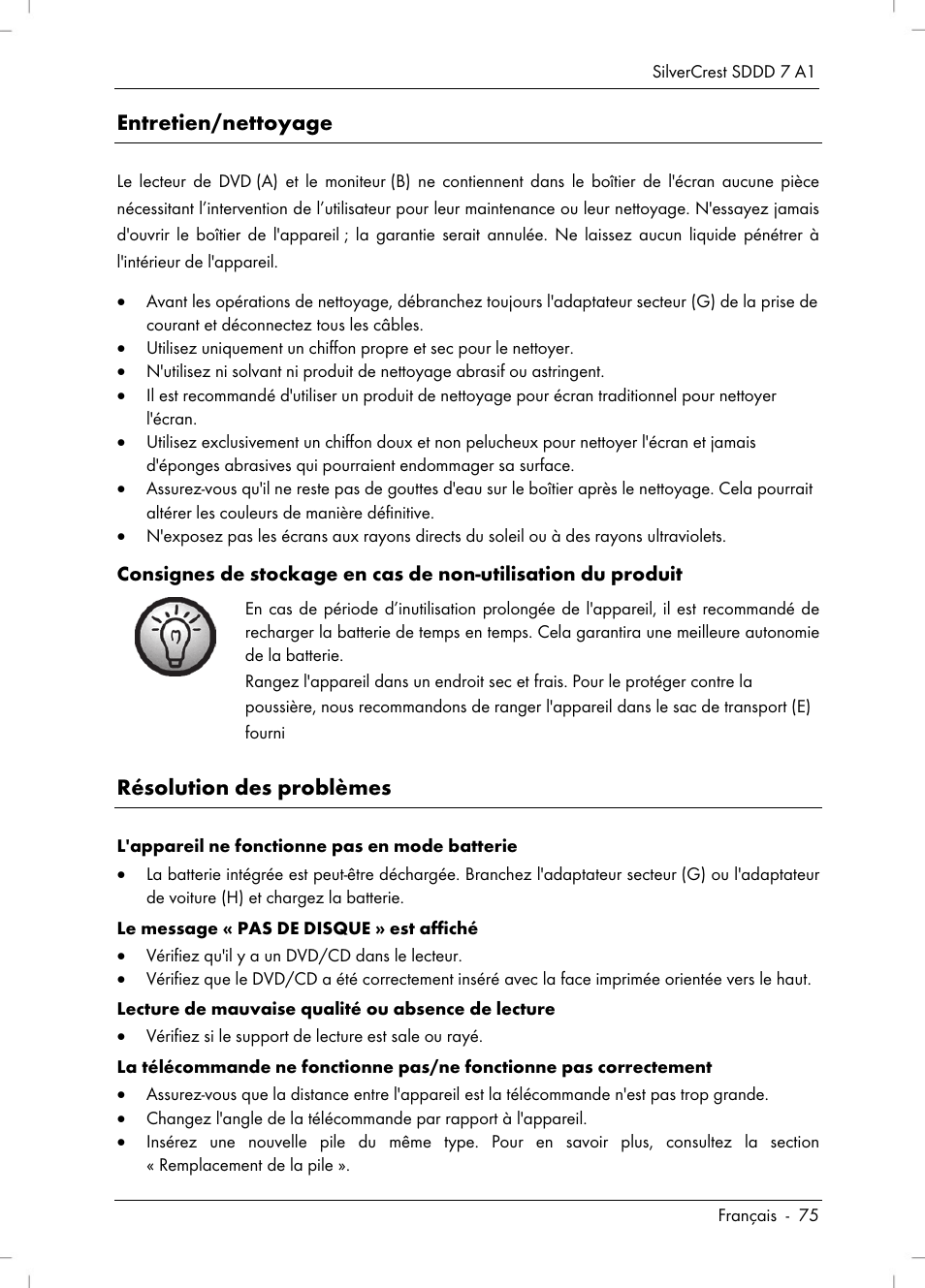 Entretien/nettoyage, Résolution des problèmes | Silvercrest SDDD 7 A1 User Manual | Page 77 / 160