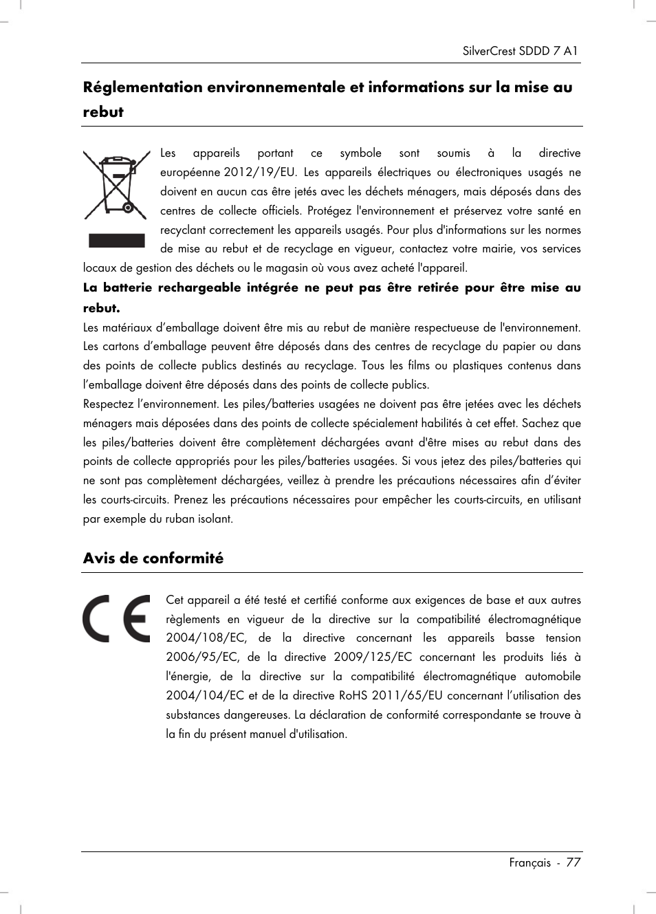 Avis de conformité | Silvercrest SDDD 7 A1 User Manual | Page 79 / 160