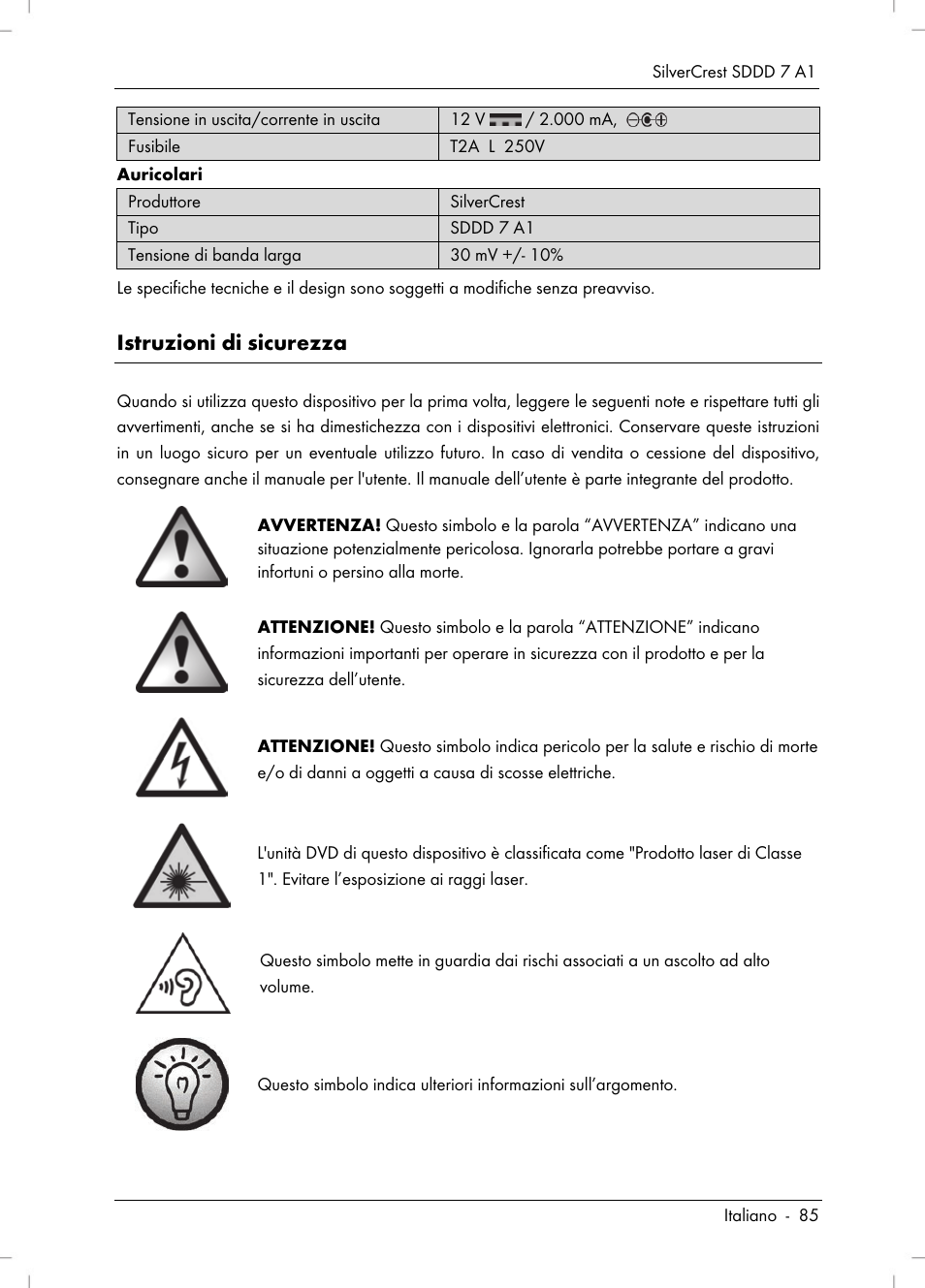 Istruzioni di sicurezza | Silvercrest SDDD 7 A1 User Manual | Page 87 / 160