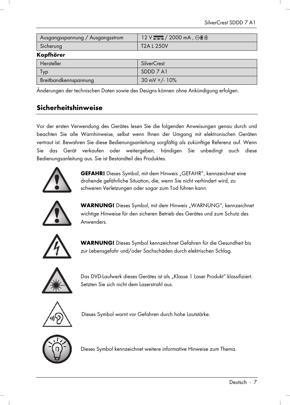Sicherheitshinweise | Silvercrest SDDD 7 A1 User Manual | Page 9 / 160