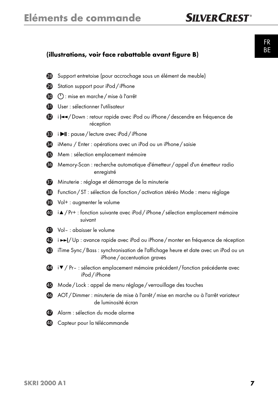 Eléments de commande, Fr be | Silvercrest SKRI 2000 A1 User Manual | Page 10 / 147