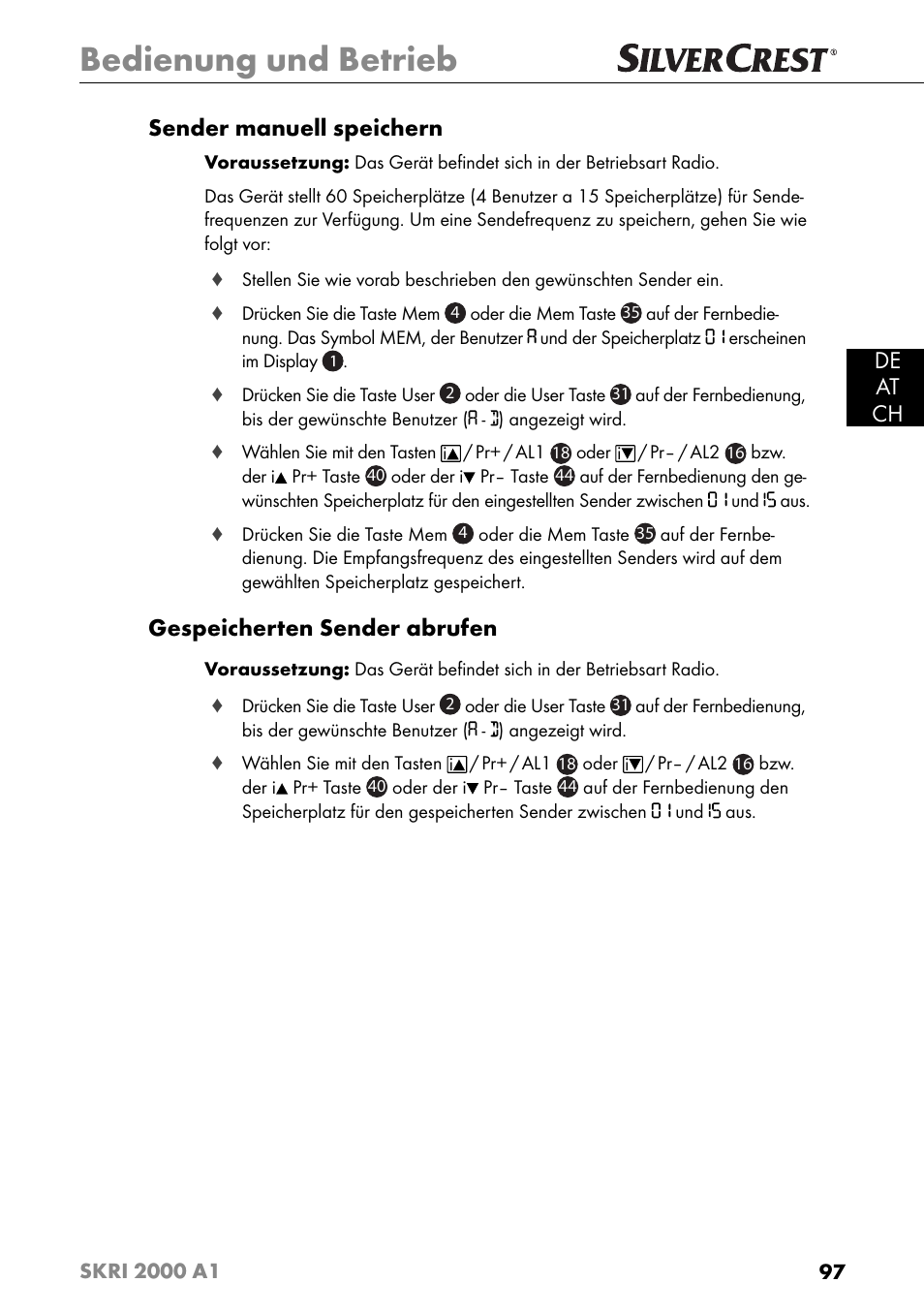 Bedienung und betrieb, De at ch sender manuell speichern, Gespeicherten sender abrufen | Silvercrest SKRI 2000 A1 User Manual | Page 100 / 147