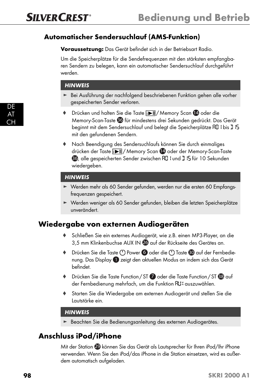 Bedienung und betrieb, Wiedergabe von externen audiogeräten, Anschluss ipod/iphone | Silvercrest SKRI 2000 A1 User Manual | Page 101 / 147