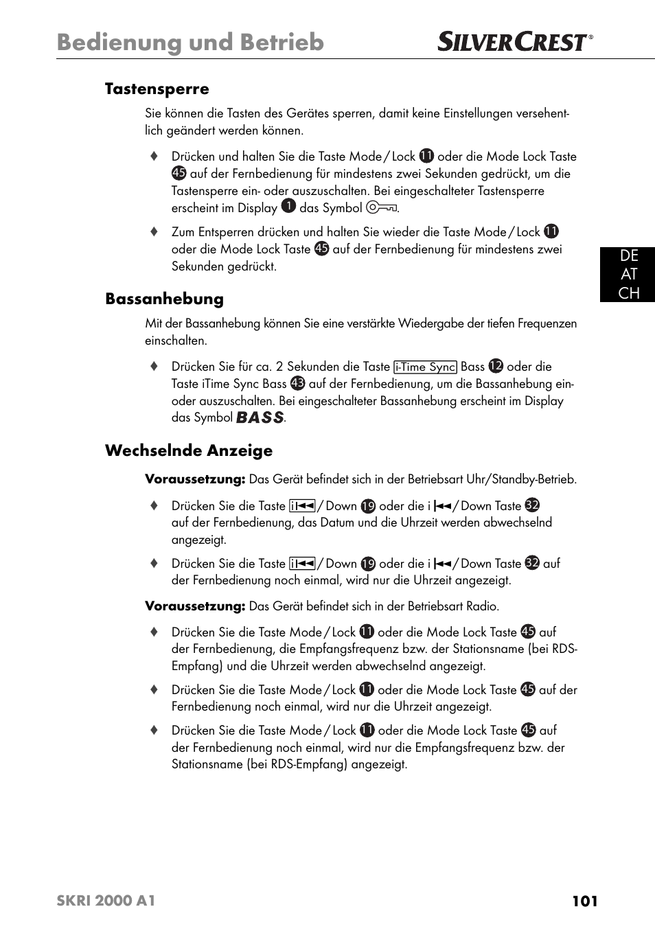 Bedienung und betrieb, De at ch tastensperre, Bassanhebung | Wechselnde anzeige | Silvercrest SKRI 2000 A1 User Manual | Page 104 / 147