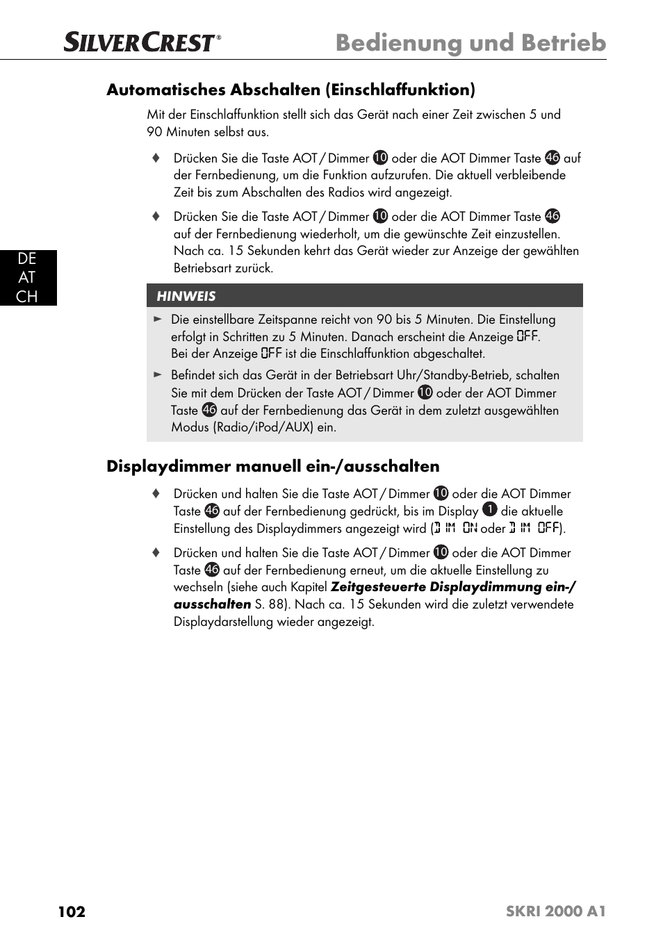 Bedienung und betrieb, Displaydimmer manuell ein-/ausschalten | Silvercrest SKRI 2000 A1 User Manual | Page 105 / 147