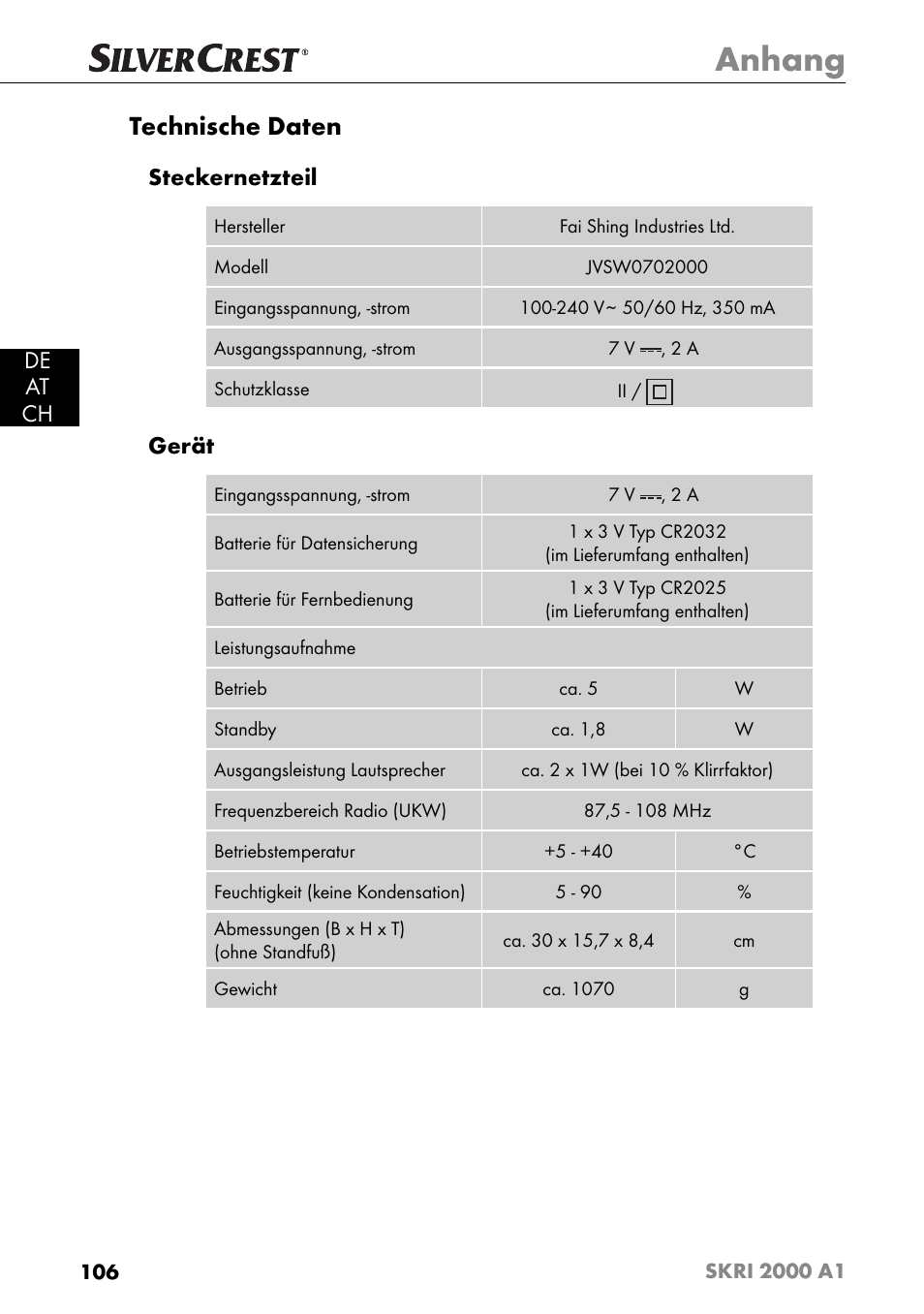 Anhang, Technische daten, De at ch | Steckernetzteil, Gerät | Silvercrest SKRI 2000 A1 User Manual | Page 109 / 147
