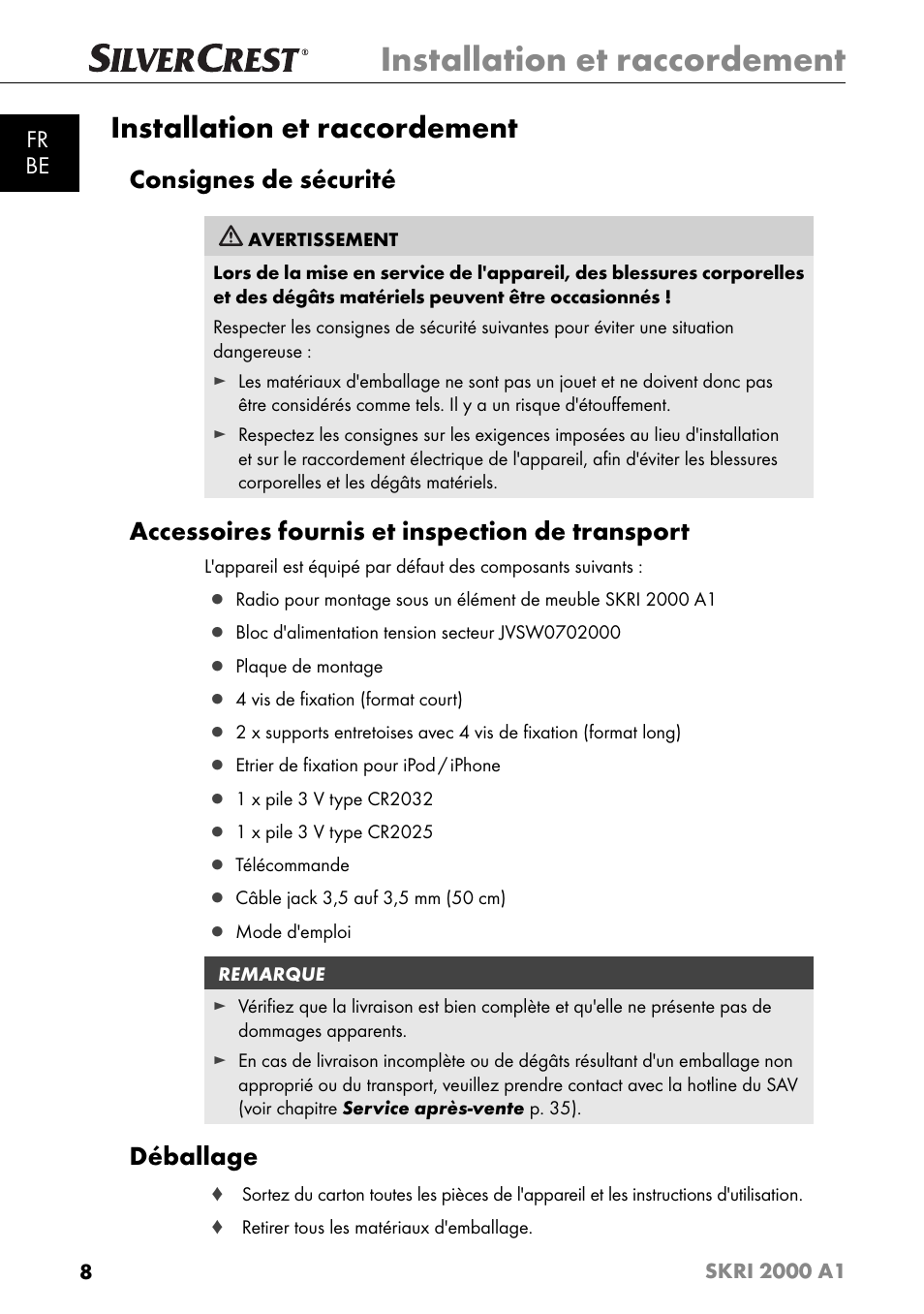 Installation et raccordement, Consignes de sécurité, Accessoires fournis et inspection de transport | Déballage, Fr be | Silvercrest SKRI 2000 A1 User Manual | Page 11 / 147
