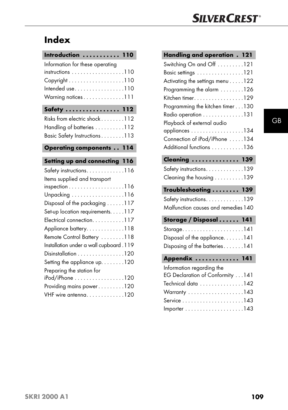 Index | Silvercrest SKRI 2000 A1 User Manual | Page 112 / 147