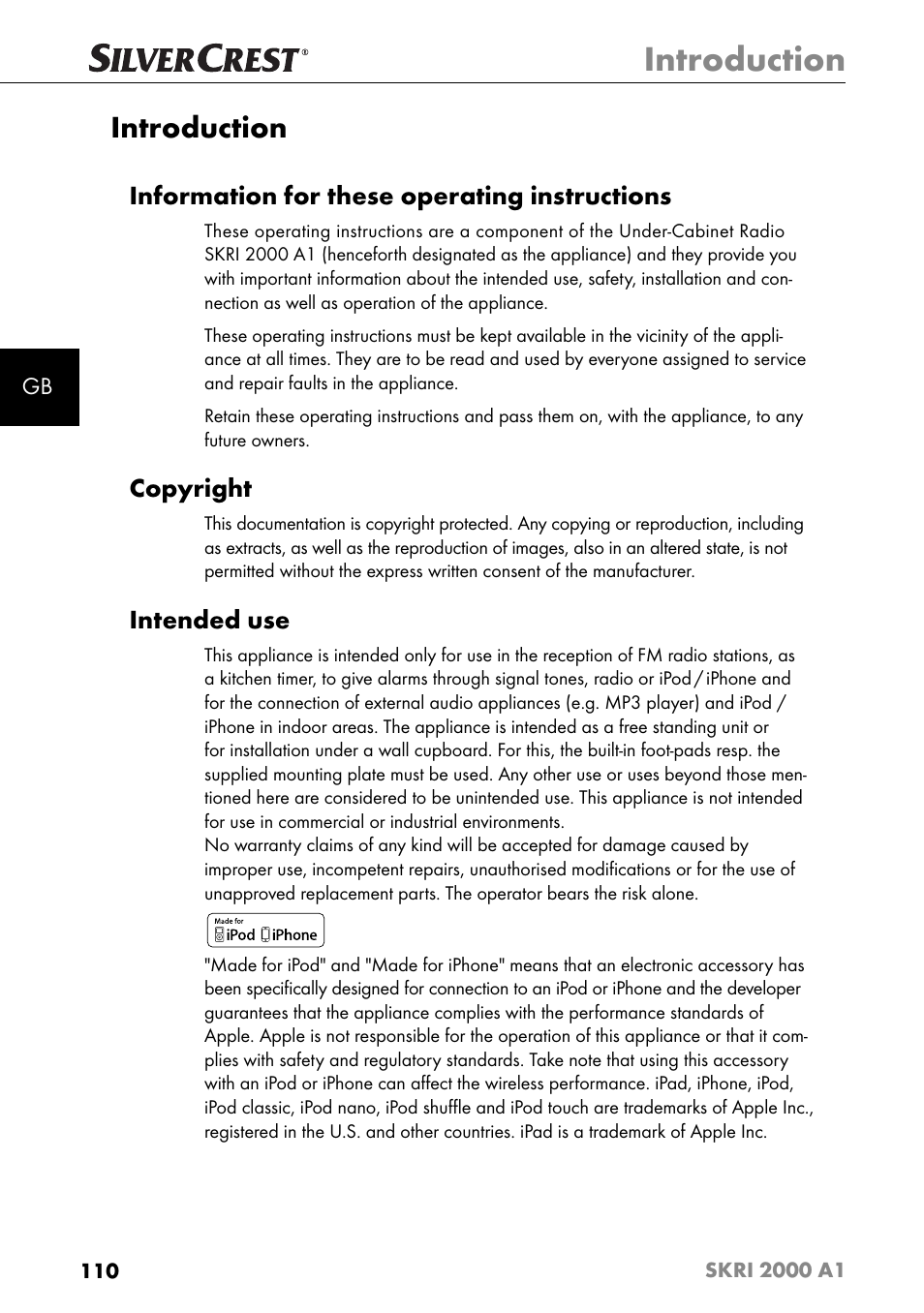 Introduction, Information for these operating instructions, Copyright | Intended use | Silvercrest SKRI 2000 A1 User Manual | Page 113 / 147